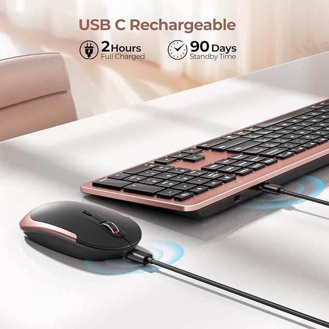 seenda Wireless Keyboard and Mouse Combo, Rechargeable Quiet Keyboard Mouse, Sleek and Ultra Thin Design, Full-Size with Number Pad for Windows, Laptop, PC, Notebook, Desktop (Rose Gold & Black)