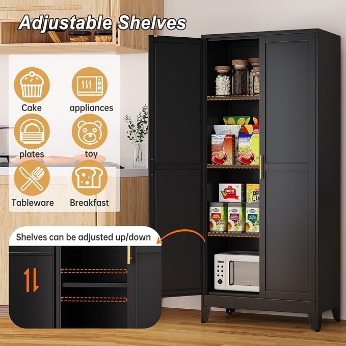 Winiowa Metal Pantry Cabinet with 2 Doors and Adjustable Shelves, 61"Kitchen Storage Cabinet with Gold Handles, Versatile Storage for Laundry, Living, Bathroom, Dining, Utility Room - Black