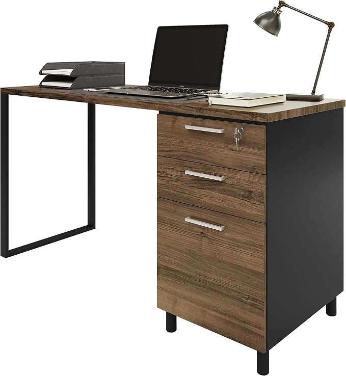 Modern Design Milano Office Computer Desk with 3 Locking Drawers, 48 Inch Walnut and Black Industrial Wood Desk with Filing Drawer and Storage By Crafts and Comfort