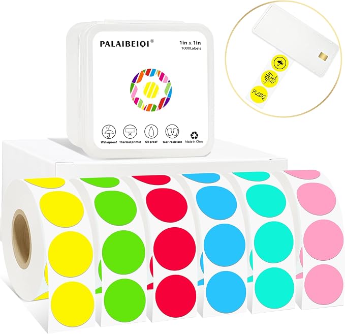 1 Inch Round Removable Thermal Sticker Labels, Color Dot Stickers, Waterproof Color Coding Sticker for Thermal Printers, Office, Retail, Home and Warehouse Organization(6 Color, 6000 Pcs)