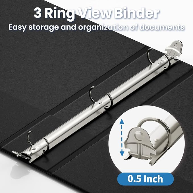 SUNEE 1/2 Inch Binders 3 Ring, PVC-Free Clear View Half Inch Binders (Fits 8.5x11 Inches) for School, Office & Home Use, Black