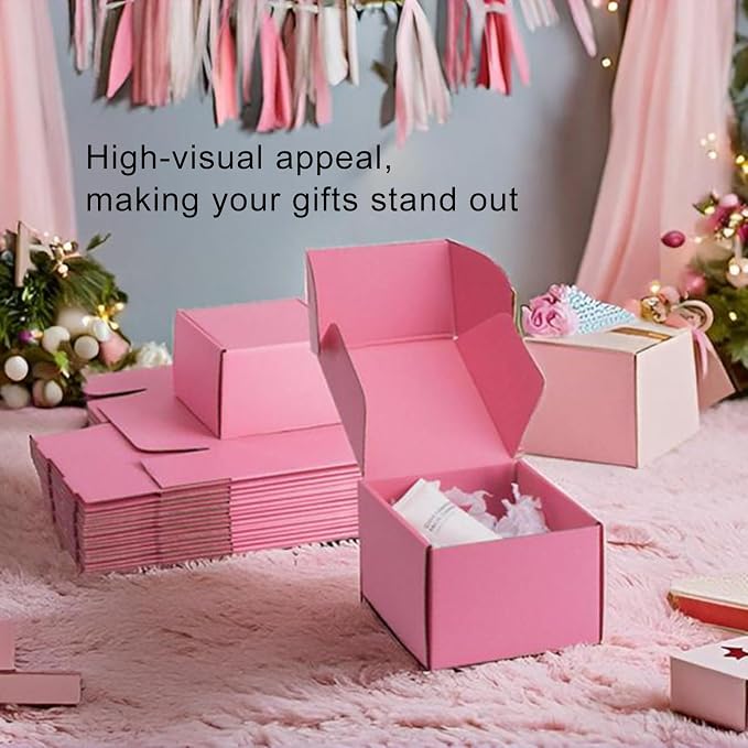 6x6x4 inch Pink Shipping Boxes for Small Business- Set of 25 | Sturdy ECT 32 Corrugated Cardboard Mailer Boxes, Easy Assemble for Packaging, Mailing, Gift