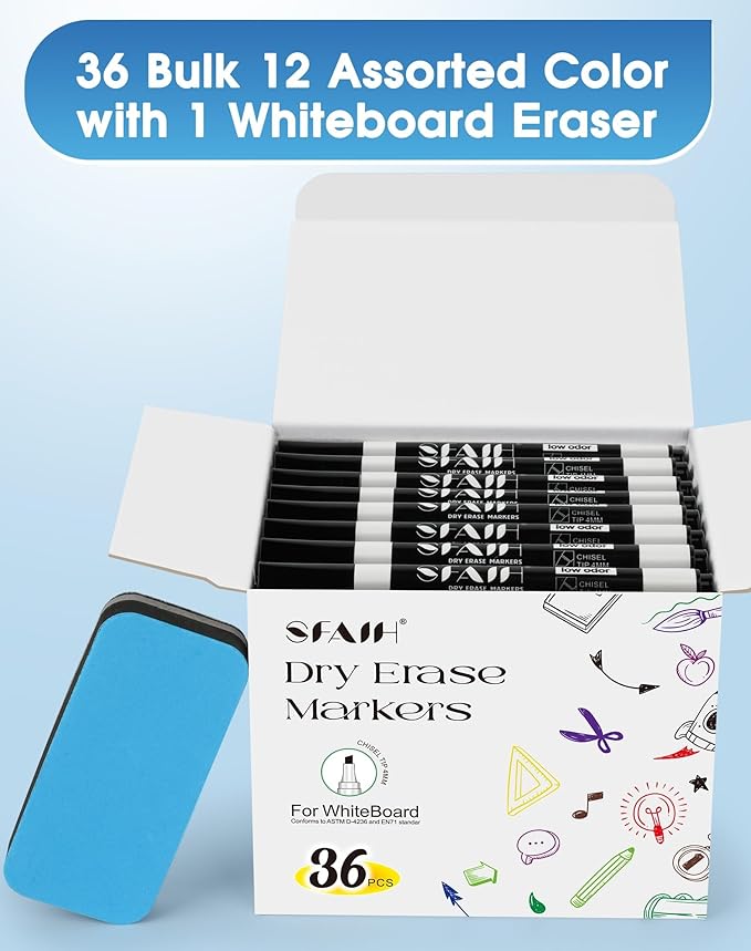 SFAIH Dry Erase Markers Chisel Tip with Magnetic Whiteboard Eraser, 36 Bulk Pack Black White Board Markers for Teachers, Versatile Lines, 1s Quickly Dry, Essential Supplies for Office Teacher