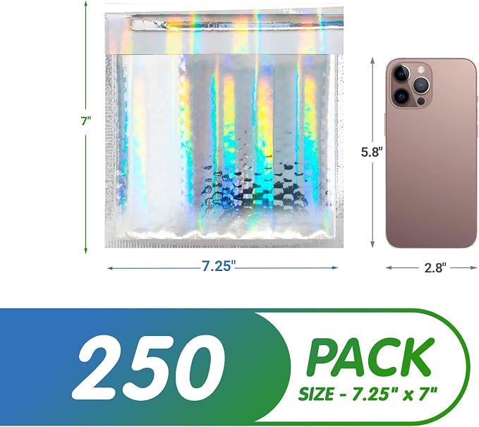 Glamour Metallic Bubble Mailers 7.25 x 7 Inches Hologram, 250 Pack Padded Envelopes for Shipping, Mailing, Packaging Protection