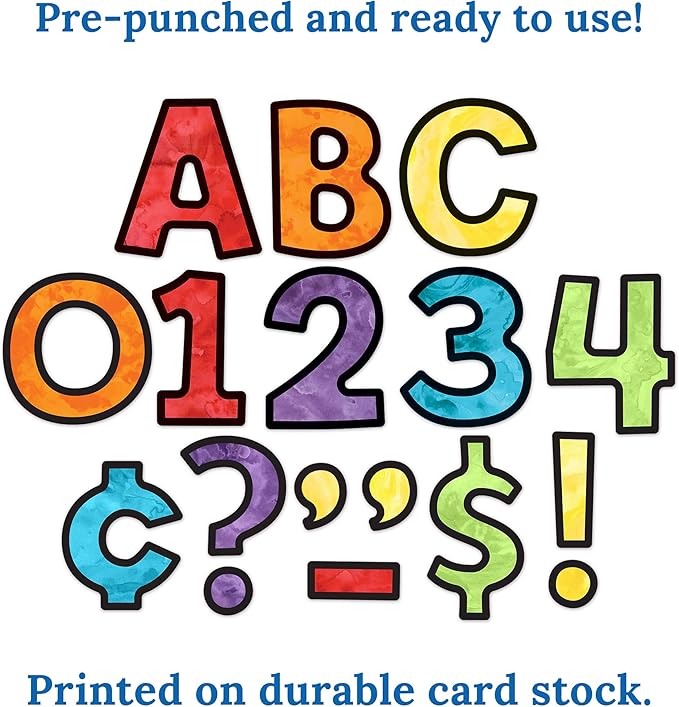 Carson Dellosa 219-Piece Watercolor Cutout Letters, 4" Colorful Upper and Lowercase Alphabet, Numbers, Punctuation, and Symbols for Bulletin Board, Posterboard, Party, and Classroom Decor