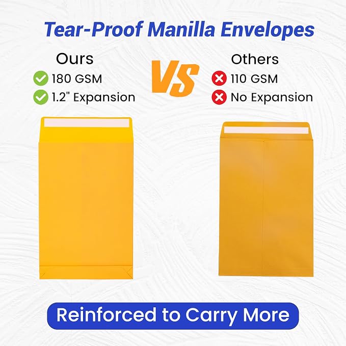 Goefun 6x9 Expanding Manilla Envelopes, 180 GSM Heavyweight Kraft | Self Seal, For Mailing, Organizing and Storing, Yellow, 25 Pack, Peel & Seal Closure