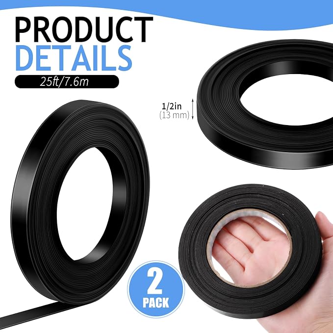 Tellegloww 2 Rolls Black Magnetic Tape Roll Thin Strips, 1/4 Inch x 100 Feet Magnetic Board Dividers Whiteboard Graphic Decorative Tape Marking Line for Classroom Office Art Accessories