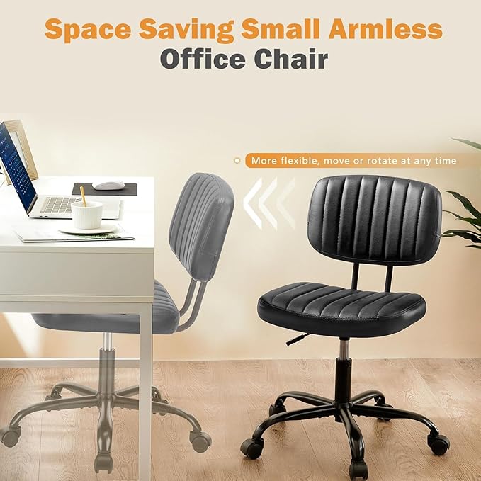 Sweetcrispy Small Office Desk Chair - Armless PU Leather with Comfy Lumbar Support, Height Adjustable Rolling Swivel Task for No Arms, for Adult, Student, Bedroom, Home, Vanity, Black