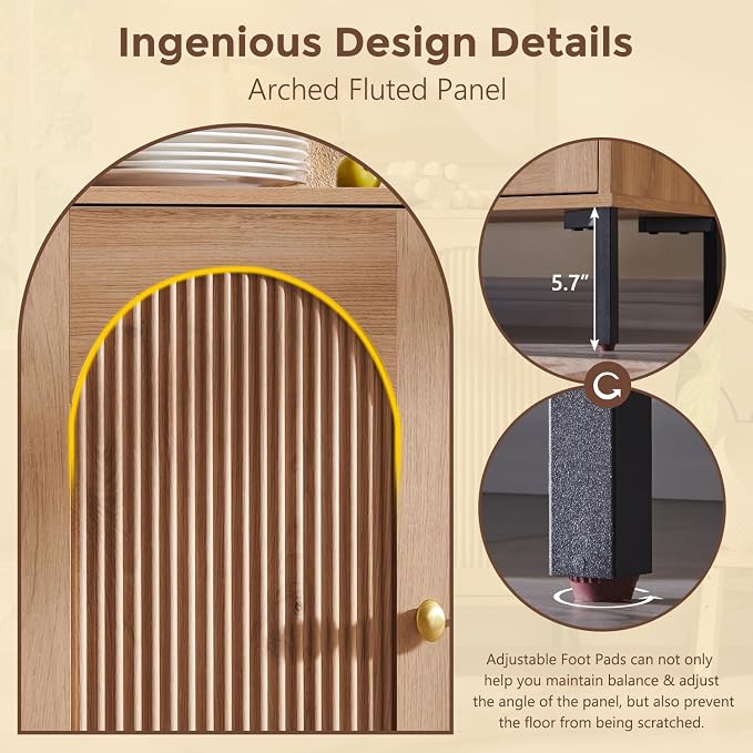 IFGET 123.5" W Modern Arched Sideboard Buffet Cabinet with Storage, Natural | Fluted Arch Sideboard Cabinet w/Adjustable Shelves, Wooden Modular Kitchen Cabinet for Dining& Living Room, Entryway