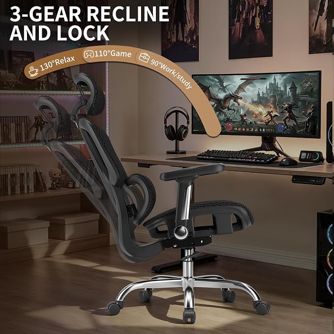 Mesh Office Chair, Ergonomic Office Chair, Home Office Desk Chairs with Headrest, 90-135° Tilt Lock and Breathable Backrest & Lumbar Support, 5D Armrest, Computer Chairs (Large Chair)