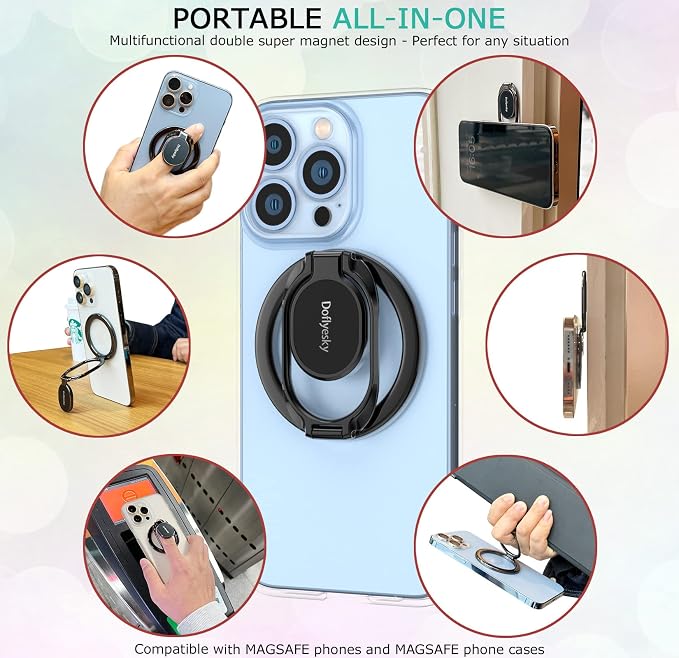 Doflyesky Magnetic Phone Ring Holder for iPhone, Double Adjustable Gym Phone Grip Holder and Stand Removable for Magsafe Case, iPhone 17/16/15/Pro Max Plus SE