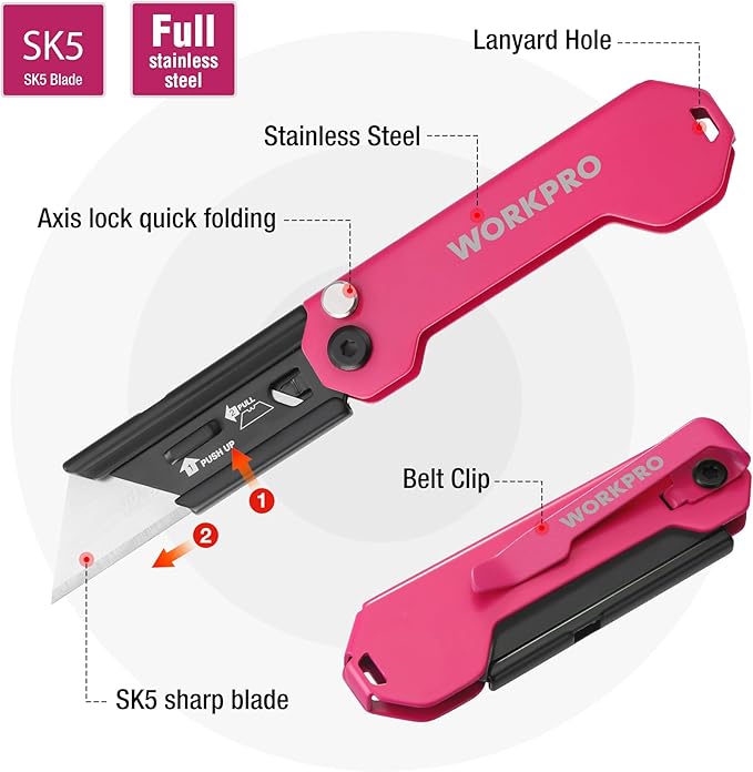 WORKPRO EDC Folding Utility Knife, Mini Box Cutter with Quick Open Axis Lock, Quick Change Blade Razor Knife, Foldable Small Pocket Knife with Belt Clip