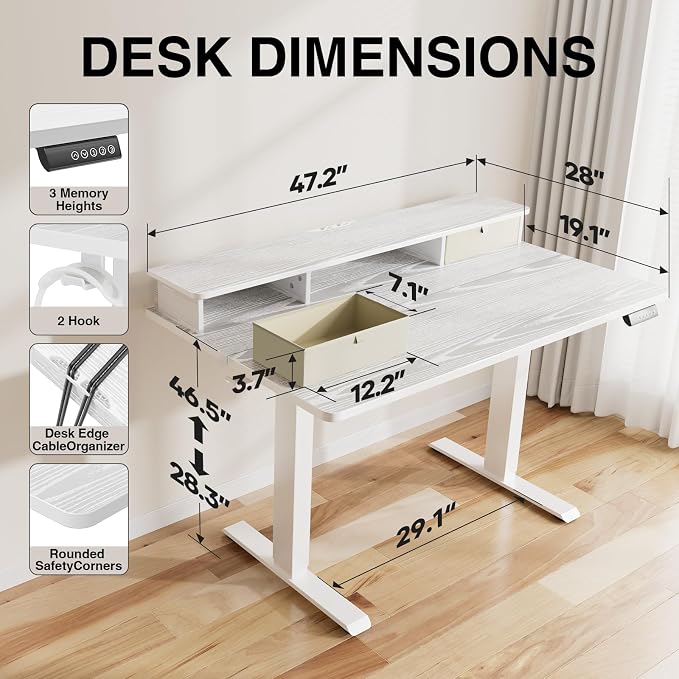 Veken 47x28 in Electric Standing Desk with Drawers, Adjustable Table, White | Stand up Computer Desk for Home Office, Work & Study, with Storage, 3 Memory Presets, Cable Organizer, Hook, and Quiet Lift.