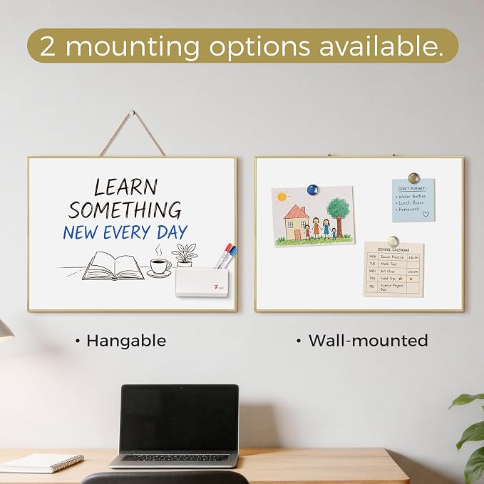 TOWON Magnetic Dry Erase Board 24x18 in, Narrow Aluminum Frame, Gold | Hangable message board for home office, kitchen, dorm and school decor, sleek narrow frame