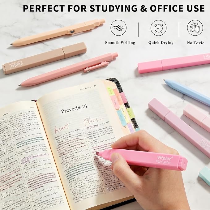 Piochoo Bible Highlighters and Black Ink Pens,Smooth Writing and No Bleed | Soft Chisel Tip Cute Pastel Highlighters 6pcs & 0.5mm Quick-Drying Gel Pens 6pcs for Bible Studying Office School Supplies