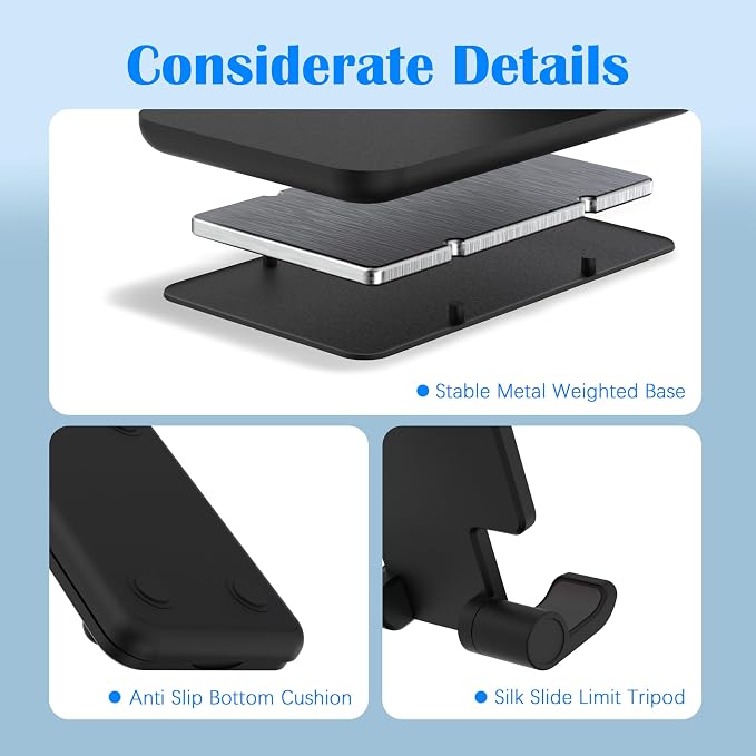 Cell Phone Stand, Adjustable Angle and Height Cell Phone Holder for Desk, Foldable and Portable, Anti-Slip Silicone Pad, Compatible with All Mobile Phones and 4-8 Inch Devices (Black&White)