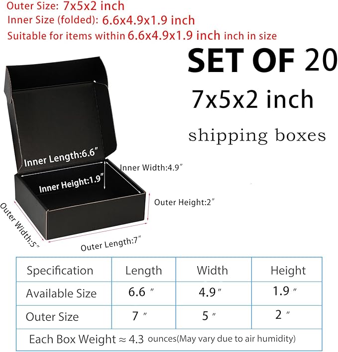 Small Shipping Boxes 7x5x2 Inches – Black Corrugated Cardboard Boxes (20-Pack) for Mailing, Packing, Small Business & Gift Packaging - Recyclable & Sturdy