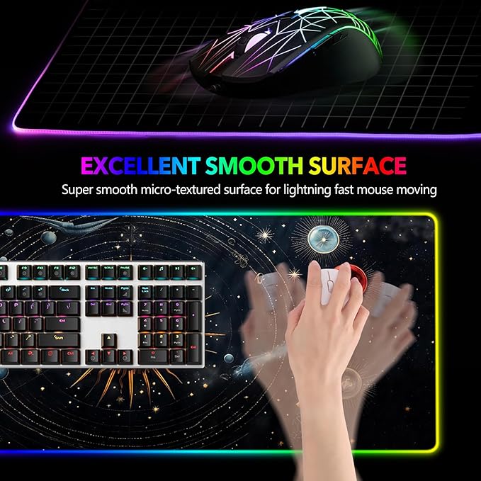 AIMSA RGB Mouse Pad LED Gaming Mouse Pad with 14 Lights Modes, Non-Slip Rubber Base Computer Carpet Desk Mat for PC Laptop (35.4 x 15.8 inch) Abstract Solar System