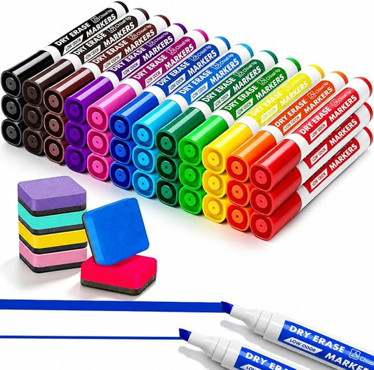 Dry Erase Markers with Eraser, 36 Count Chisel Tip Whiteboard Markers | 12 Assorted Colors, Low Odor, Non-Toxic, Quick-Dry Ink, for Office, Classroom, Back-to-School Supply