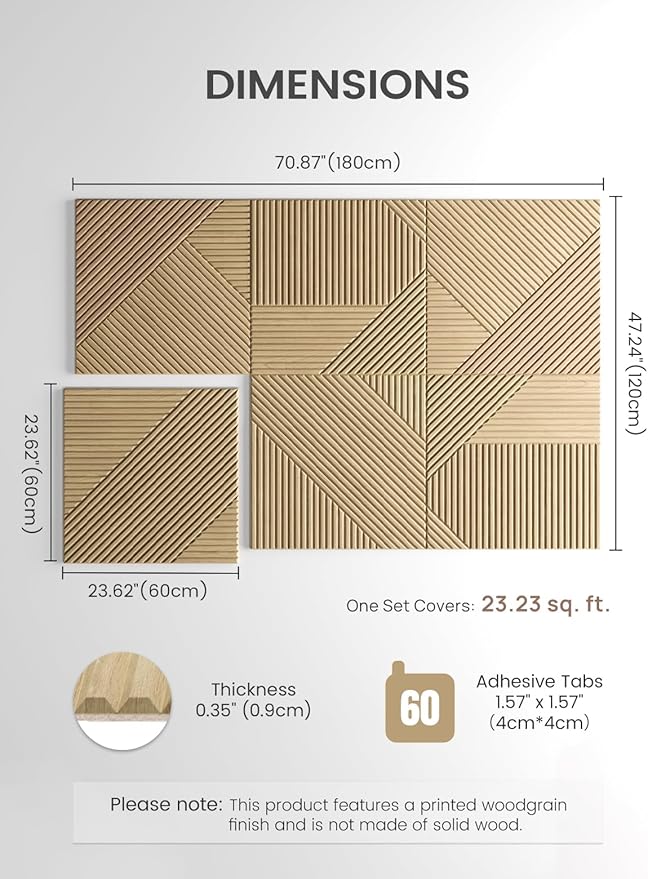 Fluxynara Large Felt Bulletin Board,Cork Board Alternative 70.87'' x 47.24'' Art Acoustical Wall Panels-6 Pack with 60 Adhesive Tabs,for Recording Studio/Home Offices-Natural Oak/Crossing Lines