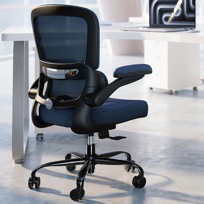 TRALT Ergonomic Office Chair Desk Chair with Adjustable Lumbar Support | Desk Chair Comfy with Flip-up Armrests Ergonomic Chair - Mesh Computer Chairs for Adults, 330lbs, PU Leather (Navy Blue, 1)
