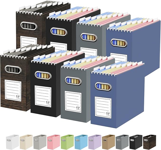 Portable Collapsible Cardboard File Box with Handle for Letter-Size | 8-Pack. Stainless Steel Handle. Label Stickers Included. Fits Letter Folders (Not Included). Home, Office, School, Dorm, Tax.