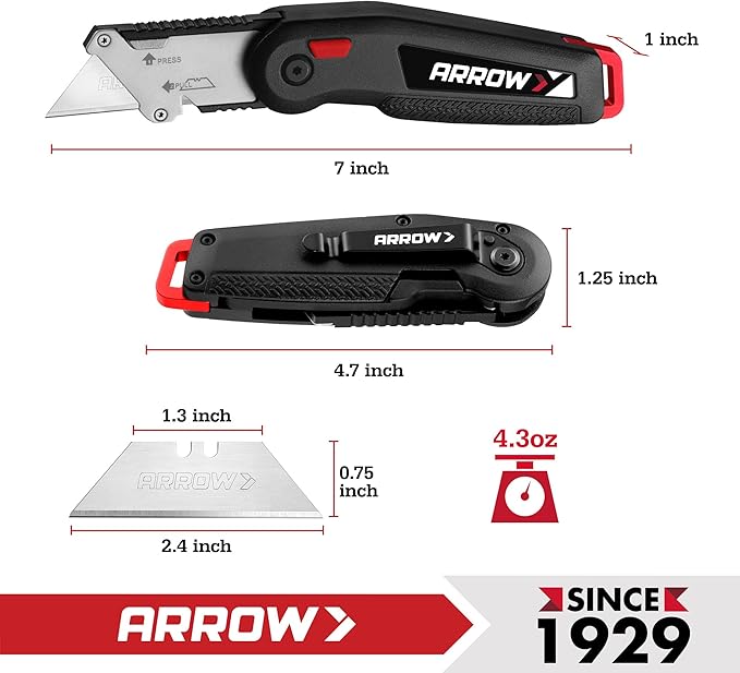 ARROW Utility Knife, Speed Release Folding Knife with Blade Storage Design, Quick Change Box Cutter with Belt Clip and Landyard Hole, Extra 13 Pieces SK2 Blades Included