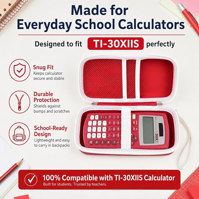 Red Calculator Case for TI-30XS/TI-30XIIS/TI-30Xa/TI-36X Pro | Hard EVA Shell, Two-Layer Mesh Pockets, Elastic Holder, Wrist Strap, 8.27x 3.94 x 2.36 in, School Exam Carry