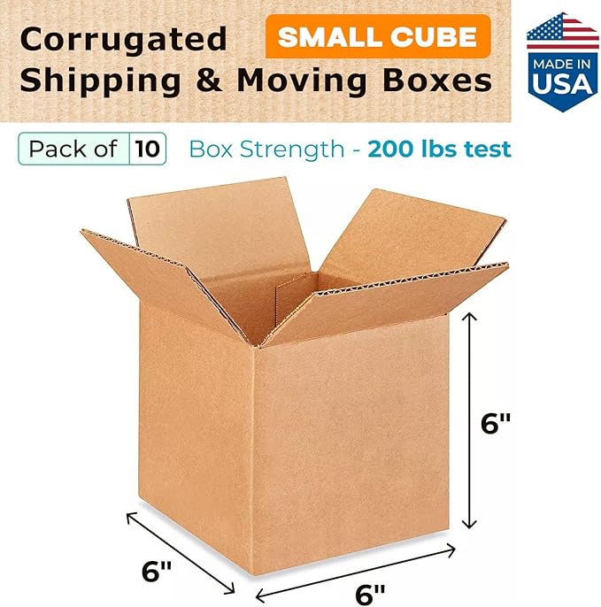Small Cube Moving & Shipping Boxes 6x6x6 inches (10-Pack) - Extra Strength 200 lb vs Regular - USA-Made Corrugated Moving Boxes - Box for Packaging Moving Supplies - Packaging Box by IDL Packaging