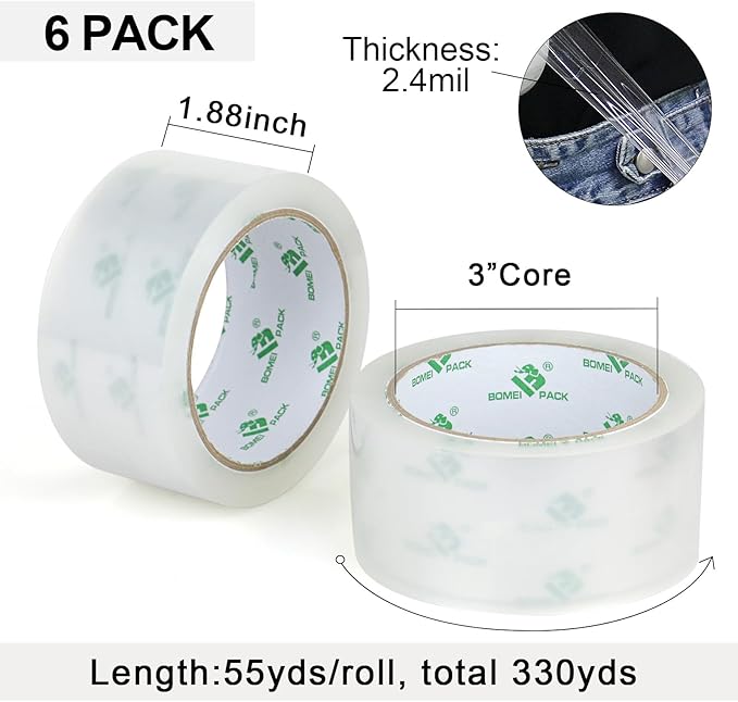 BOMEI PACK No Noise Silent Packing Tape 6 Rolls 1.88" x 55 Yards, Industrial Heavy Duty Packaging Tape for Packing Shipping Moving and Storage