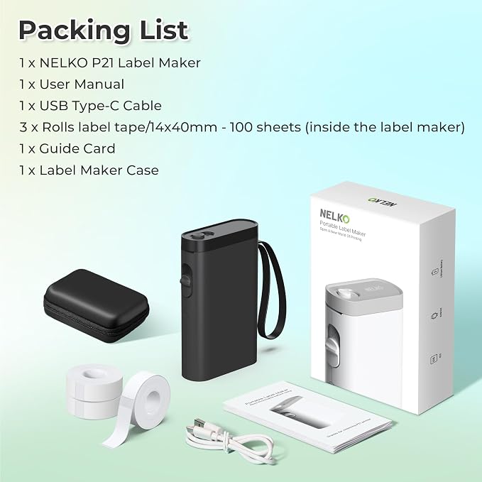 Nelko Label Maker Machine, P21 Label Printer with 3 Tapes & Case, Black | Creative App & Multiple Templates, Inkless Printing, Built-in Cutter, Ideal for School, Teacher Supplies, Office, and Home