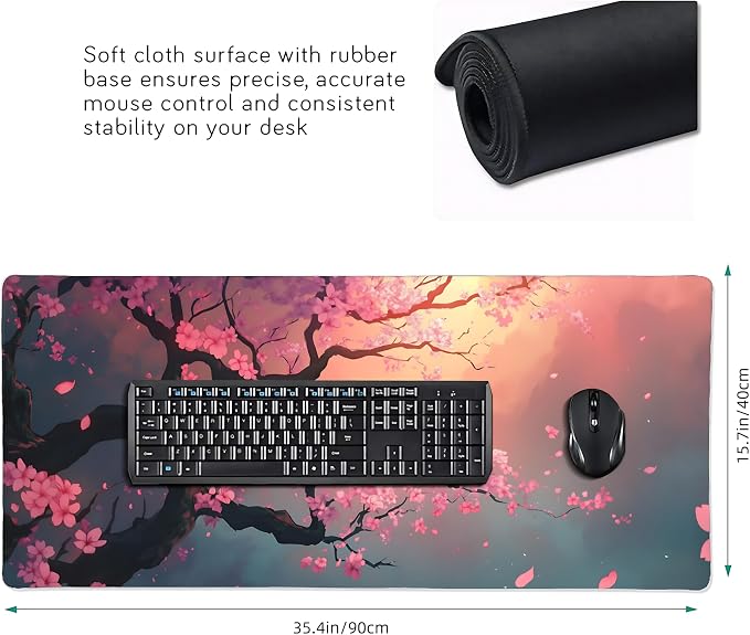 Cute Floral Aesthetic Cherry Gaming Mouse Pad, Pink Japanese Desk Mat with Anti-Slip Base & Stitched Edges,35.4" x 15.7" in Table Mat for Computer Desktop, Beautiful Workstation Decor