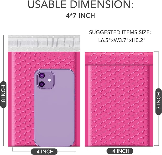 GSSSUSA Pink Bubble Mailers 4x8 Inch 50 Pack Small Padded Envelopes | Usable Size 4x7 Inch Shipping Envelopes Self Seal Small Packaging Supplies Shipping Bags for Mailing Jewelry,Small Business