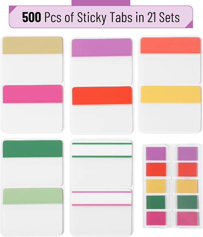 Mr. Pen- Sticky Index Tabs, 500 Pcs, 21 Sets, Colorful | Writable Colored Pages Markers Labels for Reading Notes, Books, Binders, Notebook, Folders and Classify Files