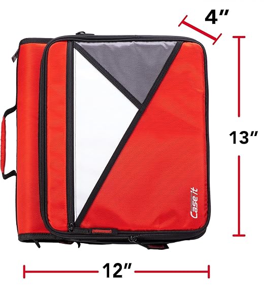 Case-it The Universal 2.0 Zipper Binder -1.5 Inch D-Ring - Removable Padded Pocket Holds Up to 13" Laptop/Tablet - Multiple Pockets - 350 Page Capacity - Comes with Shoulder Strap - Fire Red LT-207