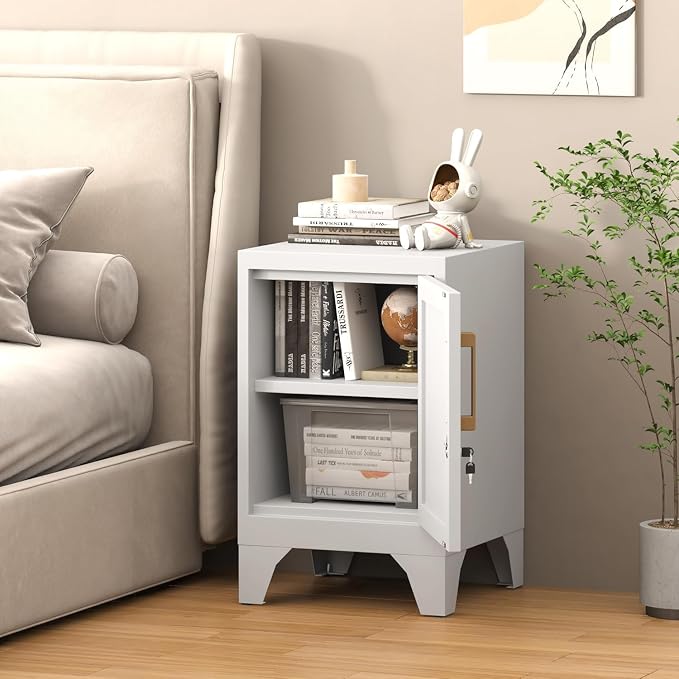 23.6" H White Metal Locker Nightstand with 1 Lockable Door and 1 Adjustable Shelf, Small Storage Cabinet with Detachable Legs and Vintage Handle for Home Office,Living Room or Bedroom,Easy Assembly