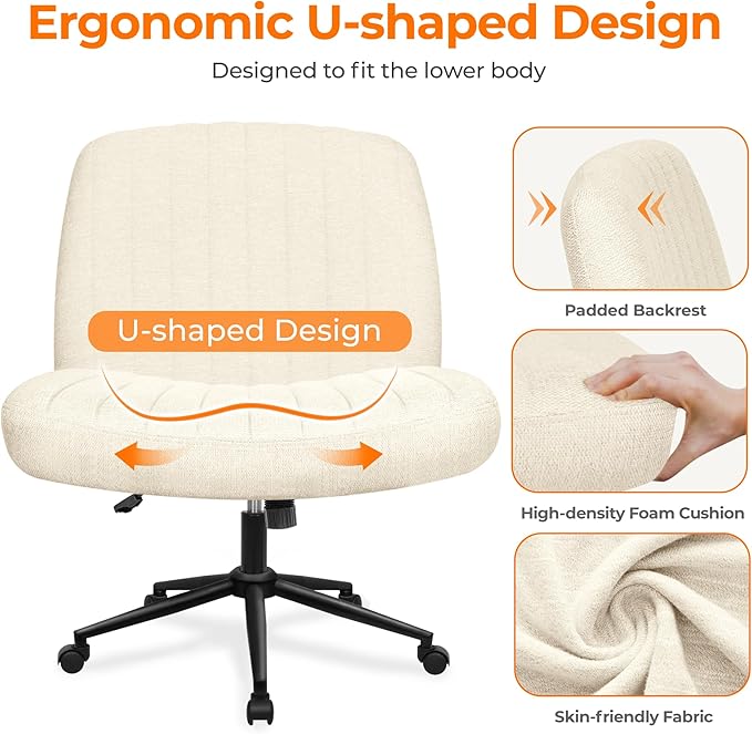 NEO CHAIR Criss Cross Chair with Wheels Armless Cross Legged Office Desk Wide Comfy Vanity Makeup Chair Adjustable Swivel Rolling Computer for Home Office Fabric (Beige) | Cross-Legged Friendly Design, Dual Base with Wheels or Pads, 360° Swivel & Heigh...