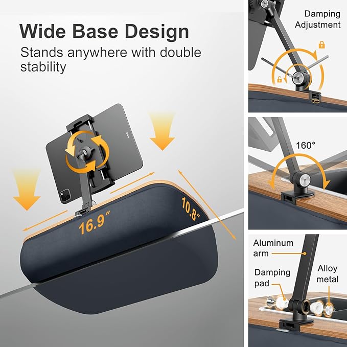 Tablet Pillow Stand for Lap Use,Adjustable iPad Holder with Snack Bowl,360° Rotating Clip for 4.7-13" Kindle,Phone,Tablet.Ideal for Hands-Free Reading and Relaxation on Bed,Couch,Recliner,Gray