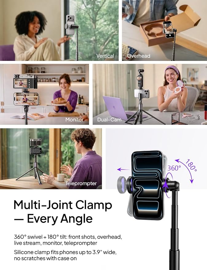 LISEN 67" Selfie Stick Tripod with Remote for Content Creators | Content creator essentials: 67" phone tripod with remote for iPhone & Android, 0.01s auto-open vlog/live stream/video kit