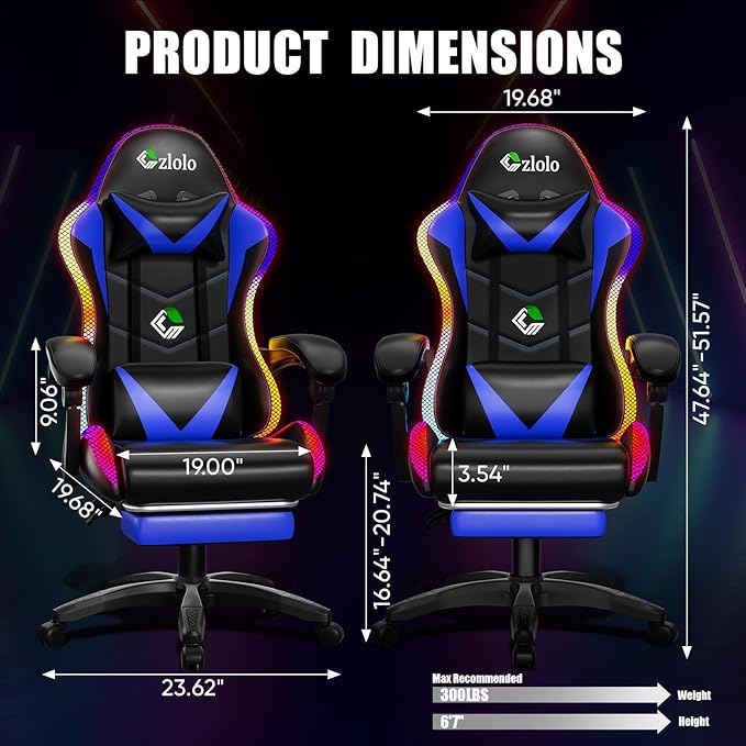 Gaming Chair, RGB LED Lights Computer Chair with Footrest, Lumbar Support Massager Gamer Chair, High Back, 90-135° Reclining, Linkage Armrests, Blue