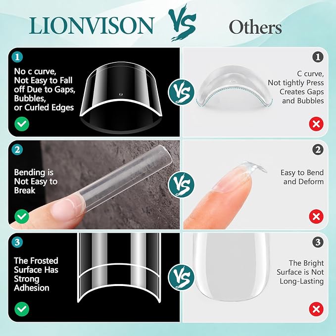 LIONVISON XXL Nail Tips Square: 504PCS Half Cover No C Curve Nail Tips | 12 Sizes Straight Tapered Square - Extra Long Clear Nails Tip for Acrylic Nails Professional Use for Home DIY