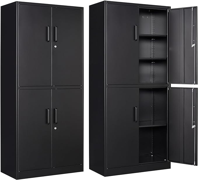 Metal Storage Cabinet with Lock Door, Adjustable Shelf Steel Cabinets for Office, Home,Pantry,Kitchen,Garage Utility Cabinet (4 Door-Black)