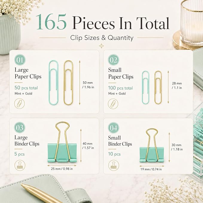 Paper Clips and Binder Clips Set, Green & Gold, Assorted Size Clips