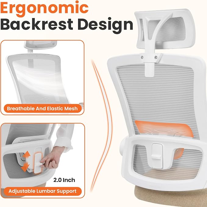 NEO CHAIR Office Desk Chair with Ergonomic High Back Mesh Headrest, Beige | Adjustable Headrest and Lumbar Support with Flip-Up Armrests Designed for Extended Sitting Comfort While Saving Space