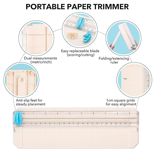 Mini Paper Trimmer with Extending Ruler, Paper Cutter with Cutting and Scoring Blades, Portable Straight Edge Cutter for Scrapbooking Craft Paper, Photos, Label, Cardstock