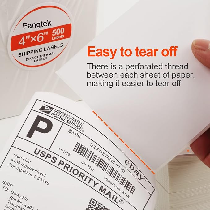 Fanfold 4”x 6” Direct Thermal Shipping Labels Self Adhesive, 500 Postage Mailing Labels Thermal Sticker Paper Shipping Labels for Thermal Printer, Fangtek Soonmark Zebra Compatible