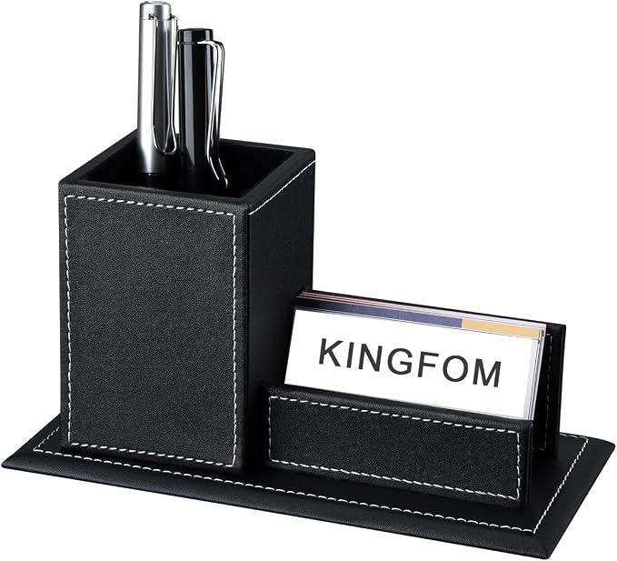 PU Leather Desk Organizer and Accessories, Pencil Holder for Desk with Business Cards Stand, School Office Supplies Collection Caddy Black