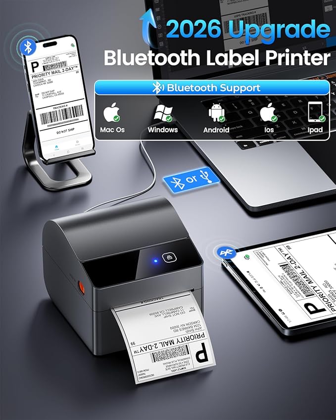 ASprink Bluetooth Shipping Label Printer with 3 Roll Labels, 4x6 Thermal Label Printer for Small Business, Thermal Printers Come with 750PCS 4x6‬ White Labels (250 Labels/Roll)