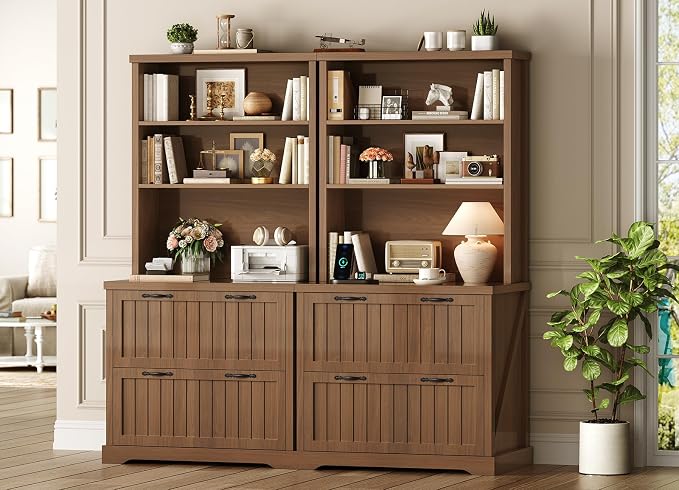 SEDETA Farmhouse File Cabinet with 2 Drawers, Filing Cabinet for Home Office with Storage Shelves, Tall Office File Cabinets for Letter/Legal/A4 Size, Lateral File Cabinets with Printer Stand, Brown