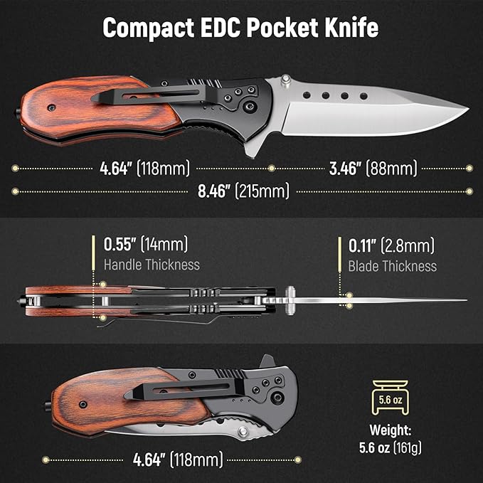 Pocket Knife for Men - Sharp Blade Wood Handle Pocket Folding Knives with Clip, Glass Breaker - EDC Knives for Survival Camping Fishing Hiking Women, Large, Black-Silver